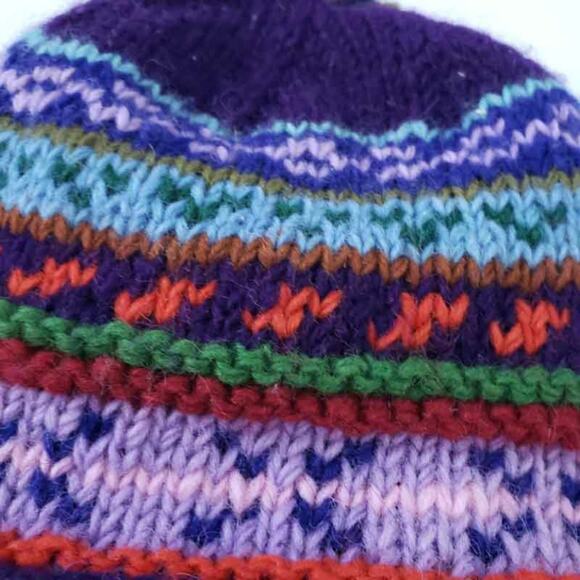 Ganesh Nimal 100% Wool Winter Hat Nepal Purple Adult Multicolor, Beanie Top - Picture 2 of 4